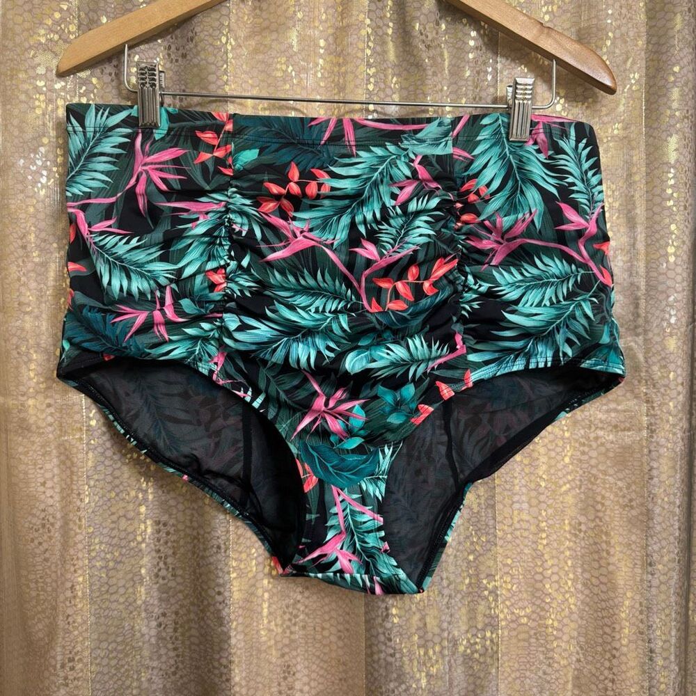 Torrid Tropical Fern Green Print High Waisted Ruched Bikini Swim Bottom 2X